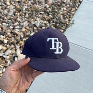 New Era Men's Fitted Hat Blue 7 3/8 Tampa Bay Rays Logo 59Fifty Used Faded